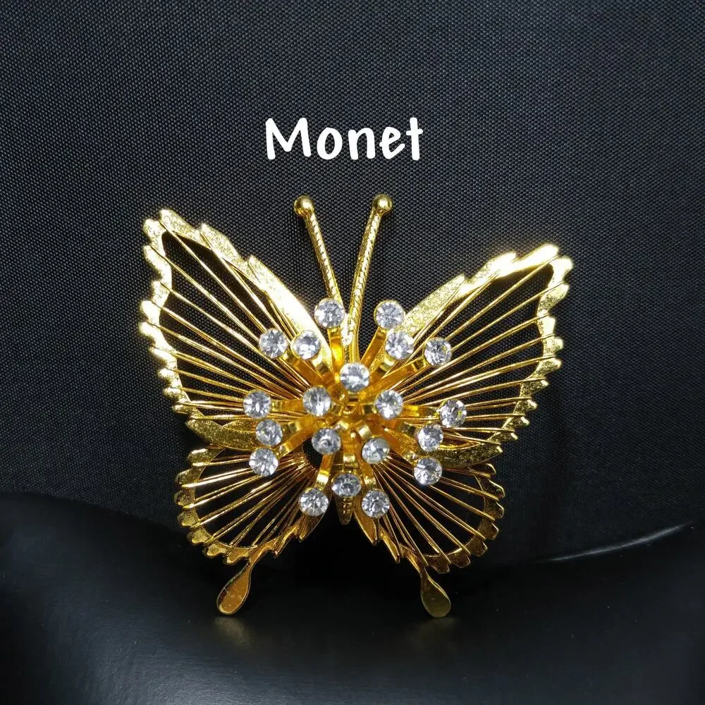Vintage Monet Gold Tone Wire Butterfly Brooch, Clear Rhinestones Center